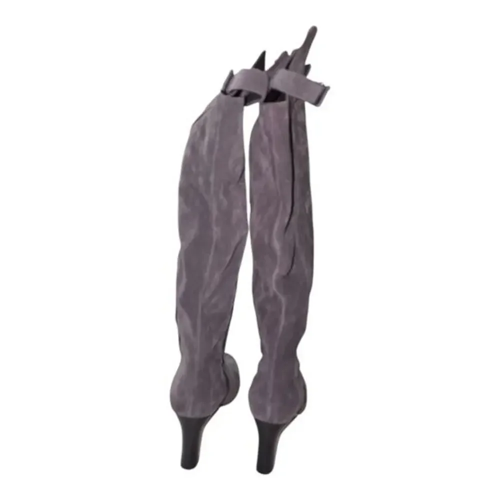 Via Spiga PArca Suede Knee High Boots‎ Buckle Heel Zip Gray Women's Size 6.5